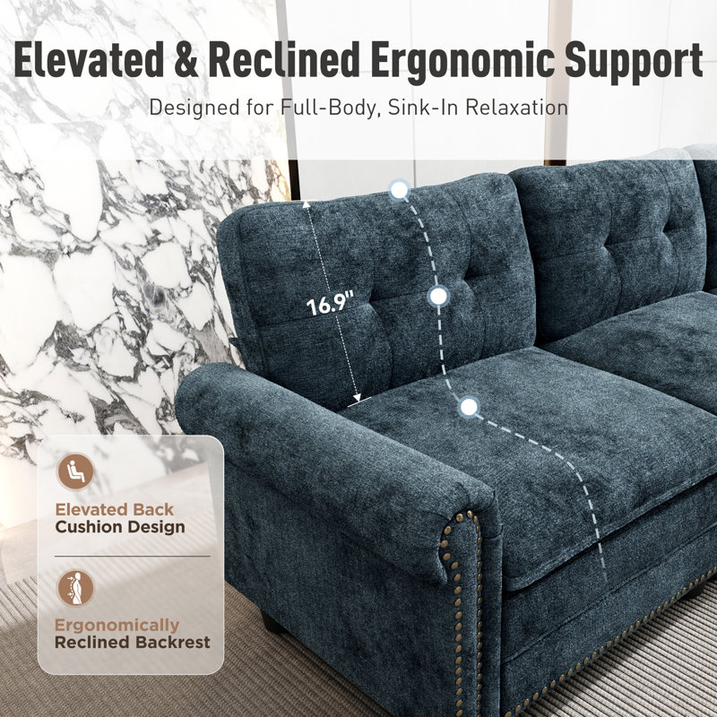 88" Modular Sectional Loveseat Couches With Nailhead Trim, 2-seater Deep Seat Sofa With Throw Pillow, Cyan Chenille