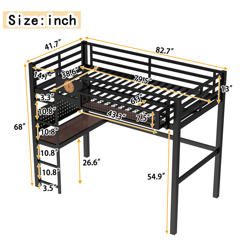 Twin XL Size Black Metal Loft Bed with Desk, Storage Basket, Clock & Charging Port – Space-Saving, Multifunctional