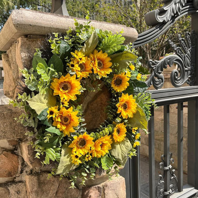 Sunflower Wreath With Eucalyptus – Farmhouse Summer & Fall Front Door Floral Decor With Green