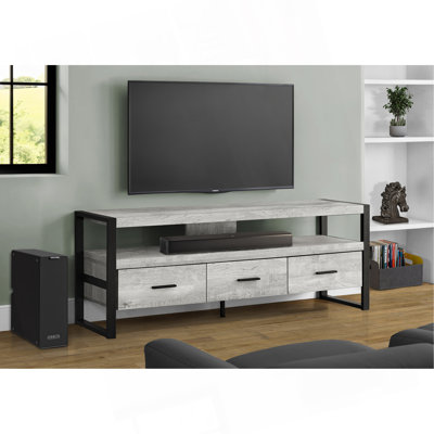 Meuble télé, 60 po, console, meuble multimédia, tiroirs de rangement, salon, chambre à coucher, stratifié gris, métal noir, contemporain, moderne
