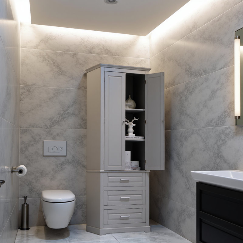 Grande armoire de rangement avec trois tiroirs pour salle de bain / bureau, gris