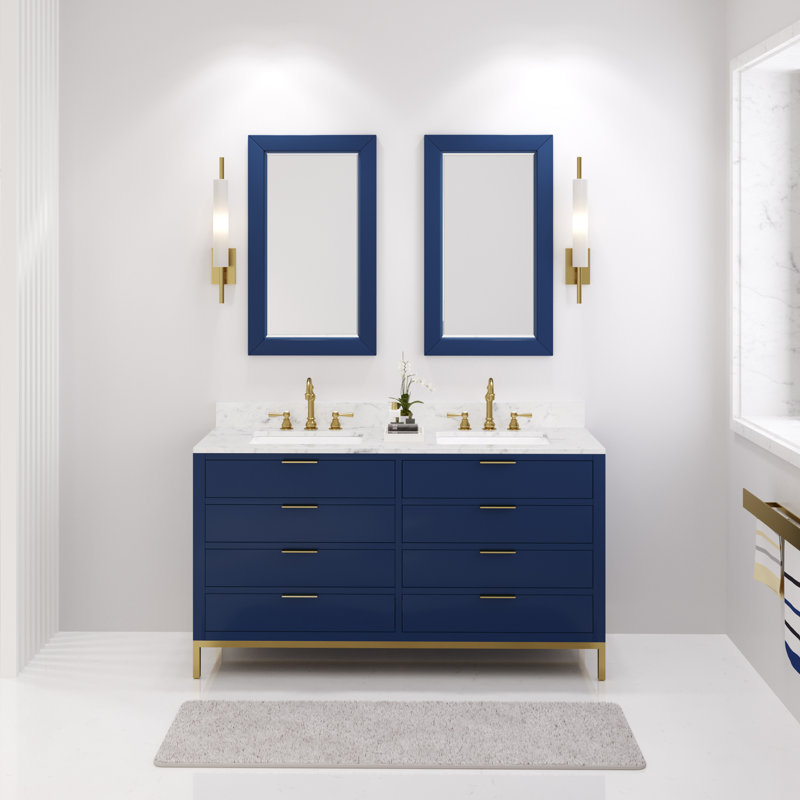 Bristol 60 In. Double Sink Carrara White Marble Countertop Bath Vanity In Pure White With Satin Gold Hook Faucets, 60"