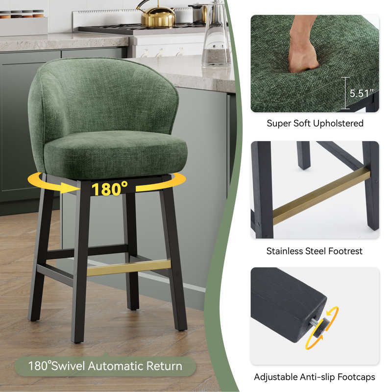 30.32" Swivel Bar Stool with Solid Rubberwood Frame and Metal Footrest, Green Seat/ Black Frame