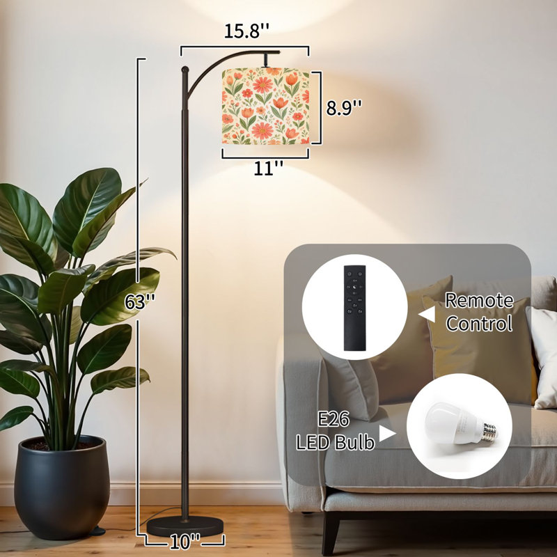 Lampe sur pied à arc avec abat-jour réglable Patchwork floral rose, fleurs rouges, lampe sur pied en terre cuite verte, 3 températures de couleur, gradateur haut, avec interrupteur au pied pour la chambre à coucher
