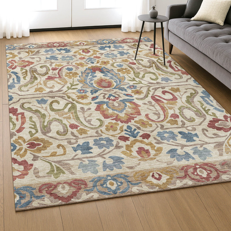 Tapis floral Premium Mayfield AMF2193 lavable à la machine, Beige, 10 pi x 14 pi