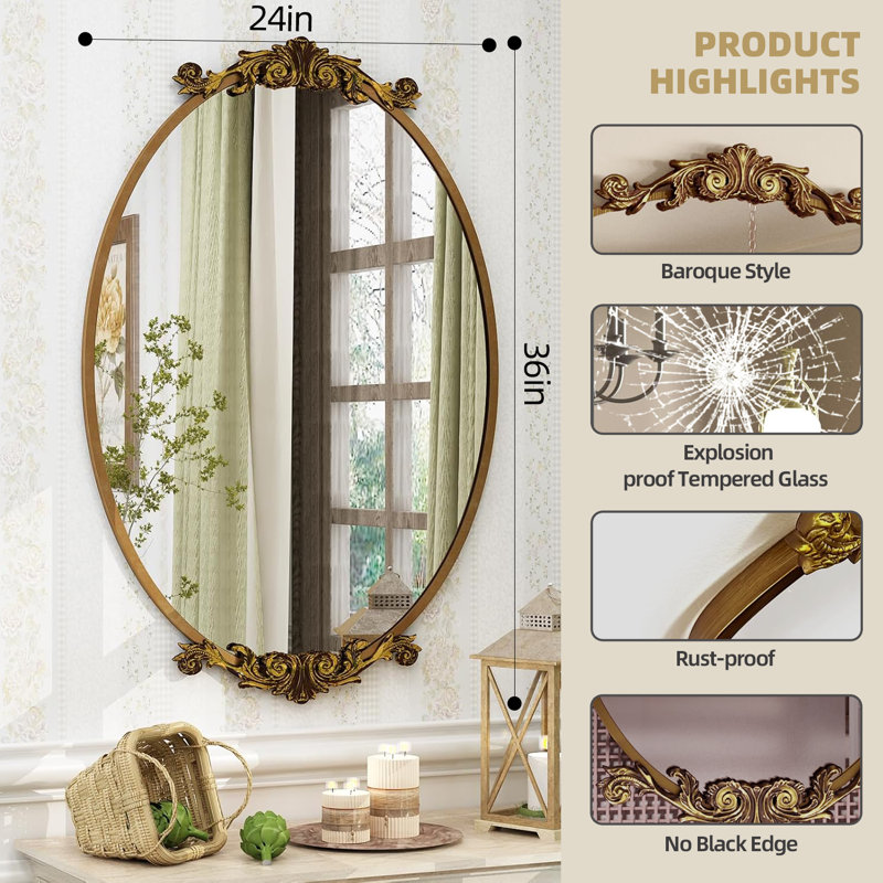 Miroir ovale en verre trempé Lunara, Doré, 35,9 po x 24,1 po