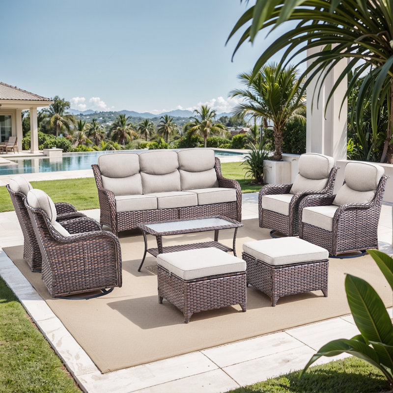 Smilario 8-Piece All Weather Wicker Patio Furniture Set With 4 Swivel Gliders, Ottomans And Coffee Table, Beige, Brown
