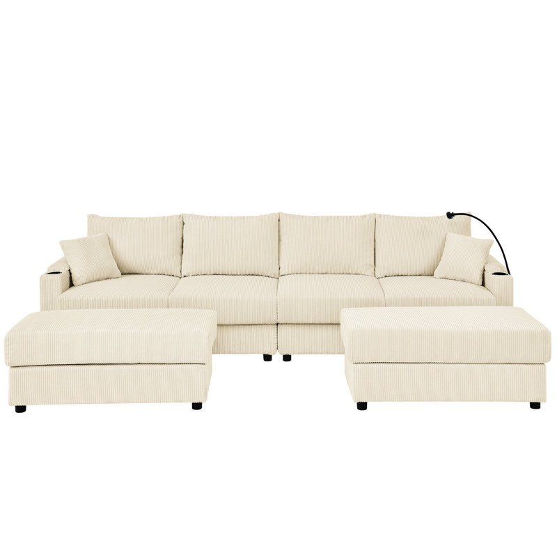 Velours côtelé en U beige avec rangement, 2 repose-pieds, 4 sièges, siège profond, porte-gobelets et porte-téléphone, Beige