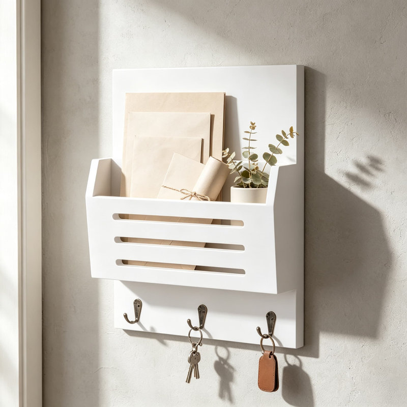 Support mural en bois pour clé et porte-courrier, organisateur de courrier à 2 fentes avec crochets à clés, porte-clés rustique pour entrée, décoration murale maison de campagne, blanc