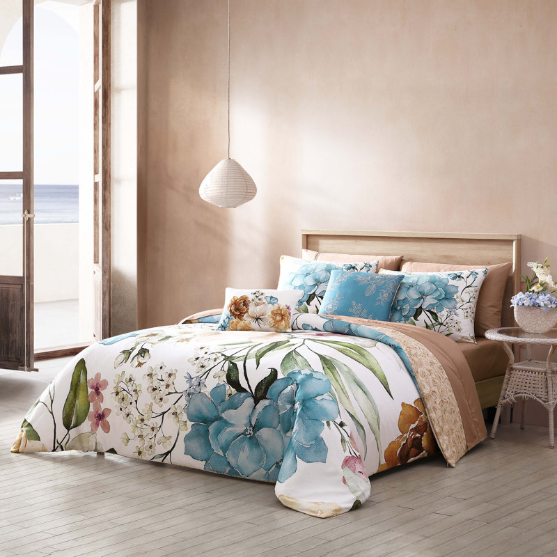 Maia King Blue Cotton Floral Reversible Comforter Set