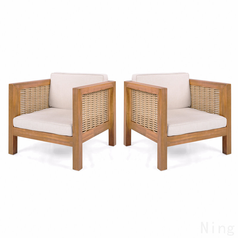 Ensemble de 2 fauteuils club d'extérieur, structure en bois d'acacia avec accoudoirs en osier et coussins beiges, capacité de 400 lb