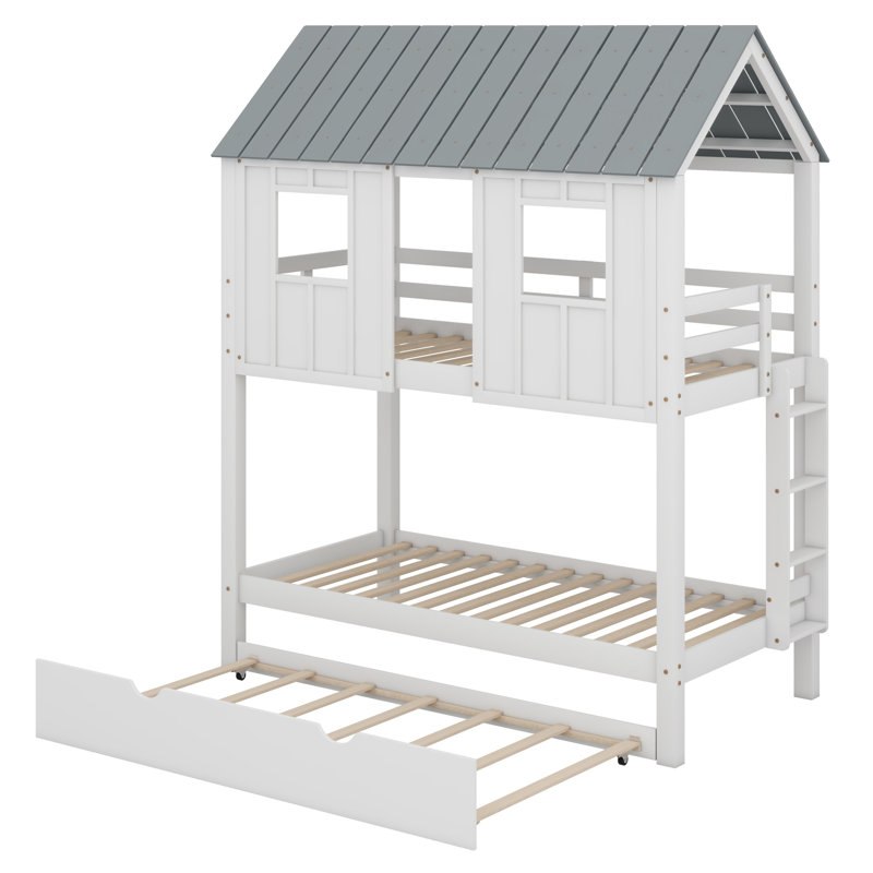 House Bunk Bed With Trundle,Roof And Windows