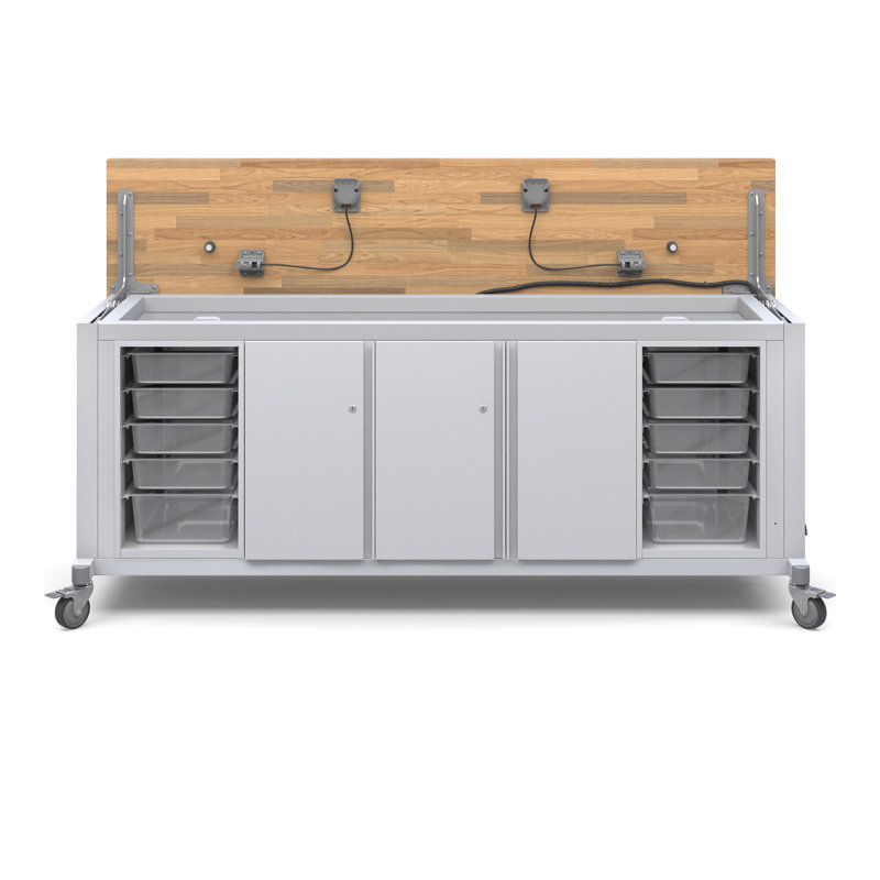 Explorer Rover Table With Butcher Block Retractable Top, With 2 Bin Modules with Bins, 1 Single And 1 Double Storage Module With Locking Doors