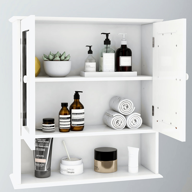Armoire murale de salle de bain moderne avec portes à double miroir - Options de tablettes réglables peintes en blanc et peu encombrantes
