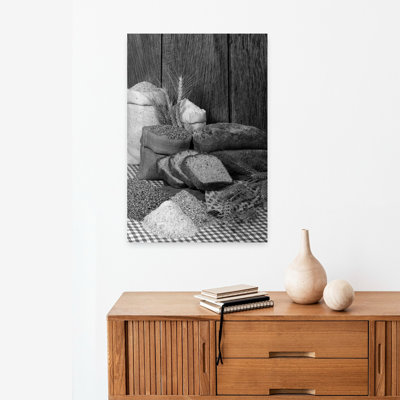 1970S Harvest Farm Still Life Of Bags Of Grain Wheat Flour Rye Loaf & Slices Of Homemade Bread Classic Retro Vintage Autumn Landscape Wall Art