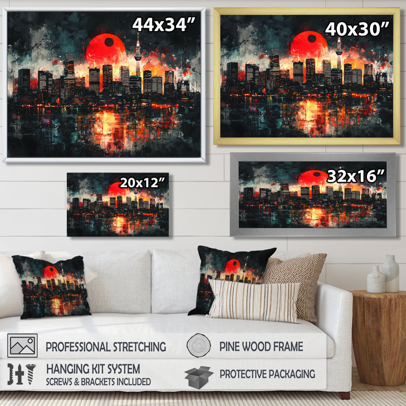 «Jabrill Orange Black Skyline II», art mural Japon, Impression encadrée flottante, H 24 po x l 32 po, Doré