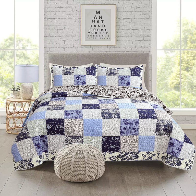 Ensemble de courtepointe en coton Azure, Courtepointe très grand et 2 très grandes taies