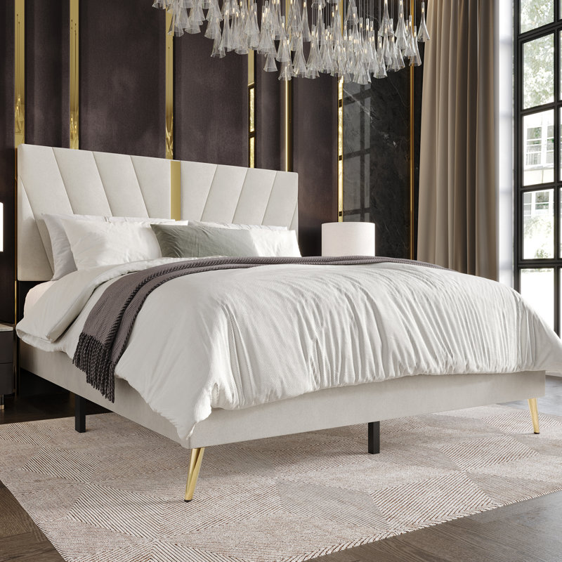 Lit plateforme tapissier Amapola, Double, Beige