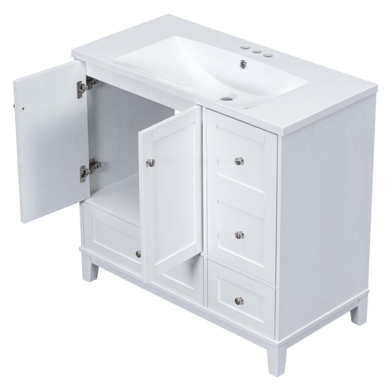 Meuble-lavabo moderne simple avec lavabo, chargement USB, 2 portes et 3 tiroirs, Blanc