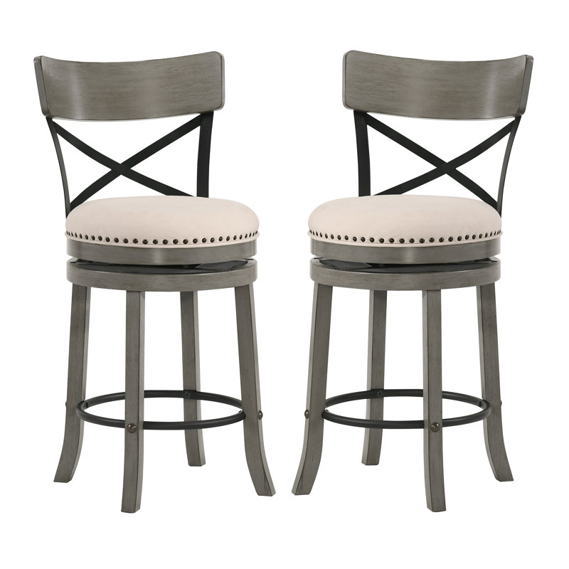 Hesser Swivel Upholstered Counter Stool with Solid Wood Frame, Counter Stool (26.5” Seat Height), Biege/Light Gray