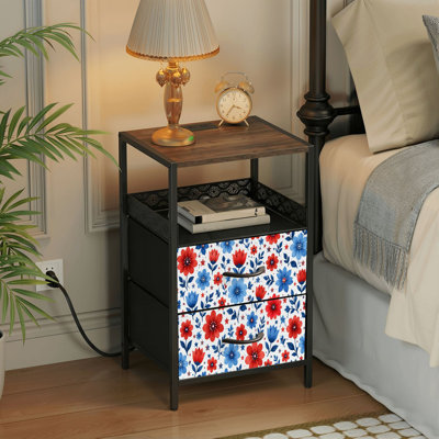 Table de chevet 2 tiroirs avec station de charge, table de chevet pour chambre avec ports USB et amp; Outlets, tablette ouverte noire, table de chevet avec imprimé d'étoiles florales rouges et bleues