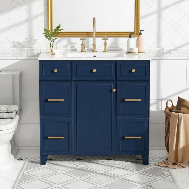 Meuble-lavabo 36 po avec lavabo en céramique, cadre en bois massif bleu, portes à fermeture douce, tablettes réglables, 3 tiroirs, y compris un tiroir à double profondeur pour le rangement du sèche-cheveux