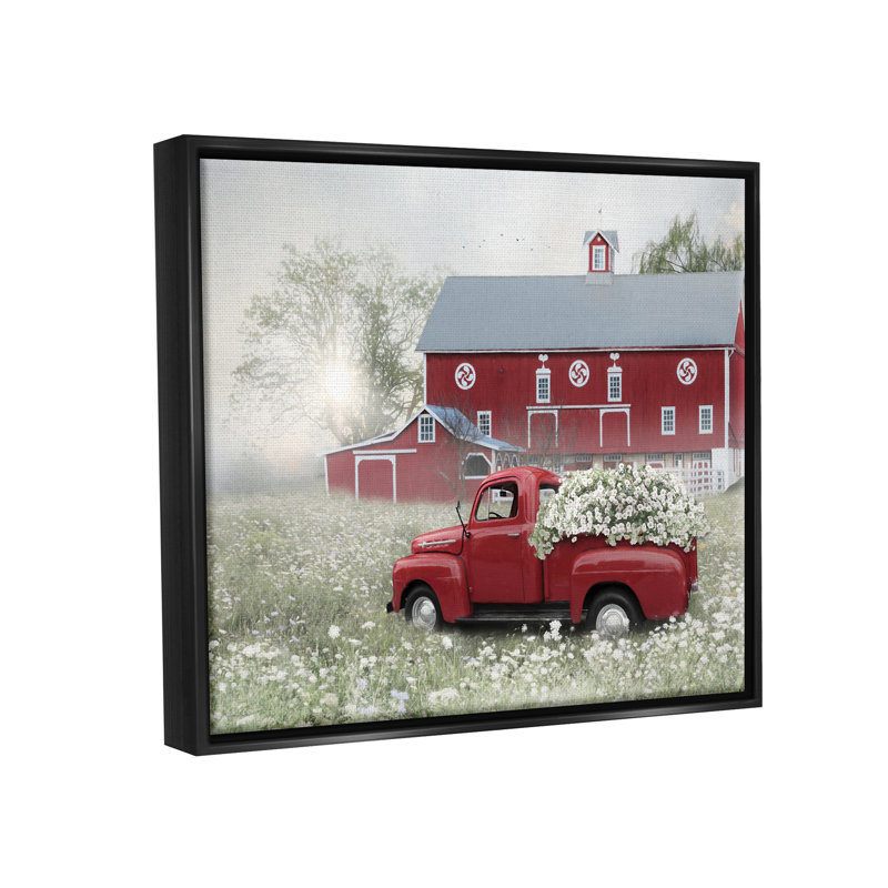 «Red Truck Floral Country Meadow Floater» par Lori Deiter, H 25 po x l 31 po x P 1,7 po, Cadre flottant noir de jais