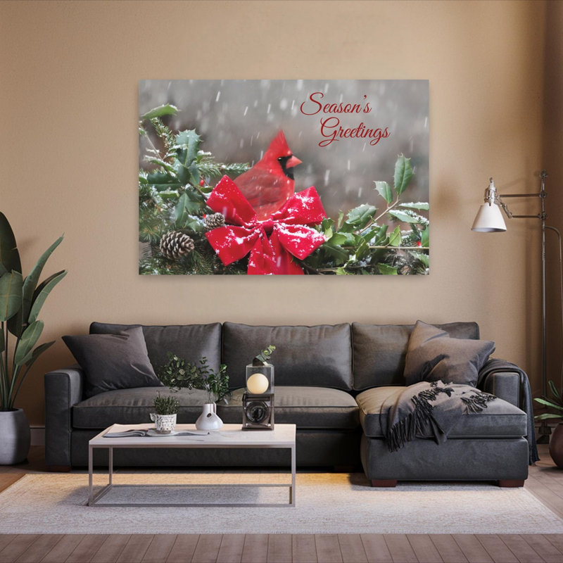 «Season's Greetings», cardinal, art contemporain d'hiver, H 40 po x l 60 po