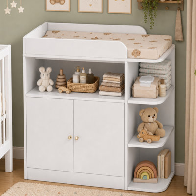Commode à langer pour chambre de bébé, table à langer pour bébé avec grande armoire, 4 tablettes ouvertes et boutons en cristal (plateau à langer inclus, coussin à exclure)