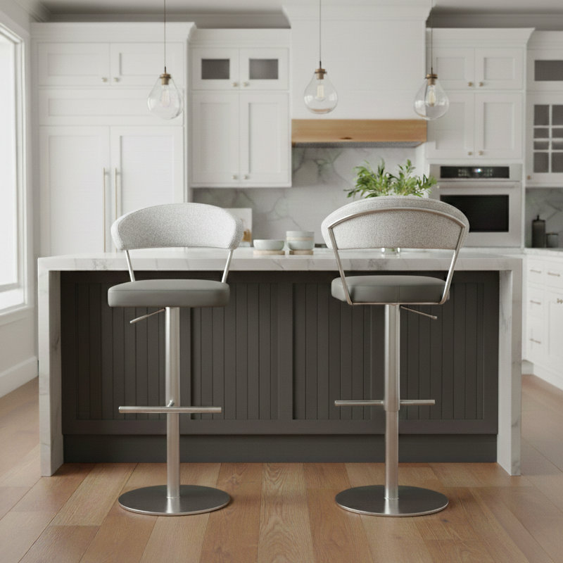 Bihter Swivel Upholstered Adjustable Height Counter Stool with Metal Frame, Grey/Silver