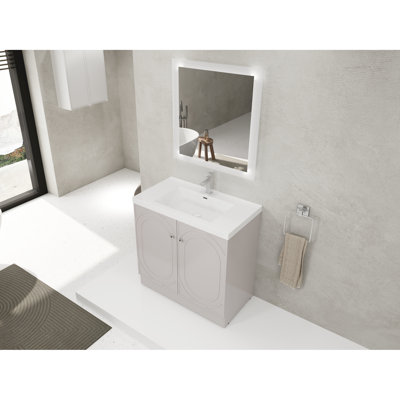 Meuble-lavabo de 36 po avec lavabo en résine. Portes d'armoire à fermeture en douceur pour la paix. Design moderne, rangement spacieux. Lavabo, charnières, poignées en métal élégantes. Contreplaqué, couleur kaki. 2 portes blanches non assemblées,