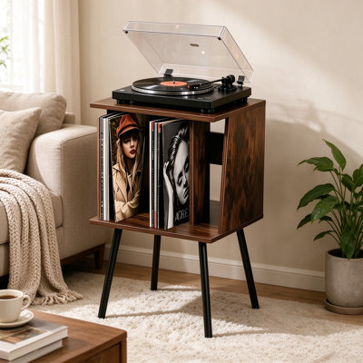 Support pour tourne-disque Mid-Century moderne avec rangement en vinyle, armoire tournante en bois avec pieds en métal, table d'appoint avec porte-revues pour salon et chambre à coucher