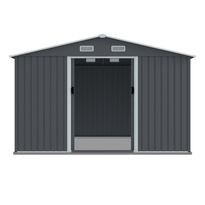 Grande remise à outils extérieure en métal de 8 pi x 10 pi avec portes coulissantes et évent pour la cour arrière, le patio, les tondeuses à gazon, les vélos, le rangement gris pouvant contenir des outils, des meubles