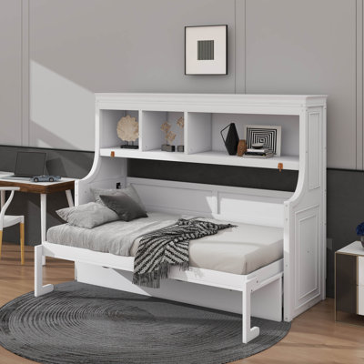 Lit escamotable avec bureau Murphy, cadre de lit mural en bois avec tablettes de rangement, armoire de lit de style maison de campagne peu encombrante