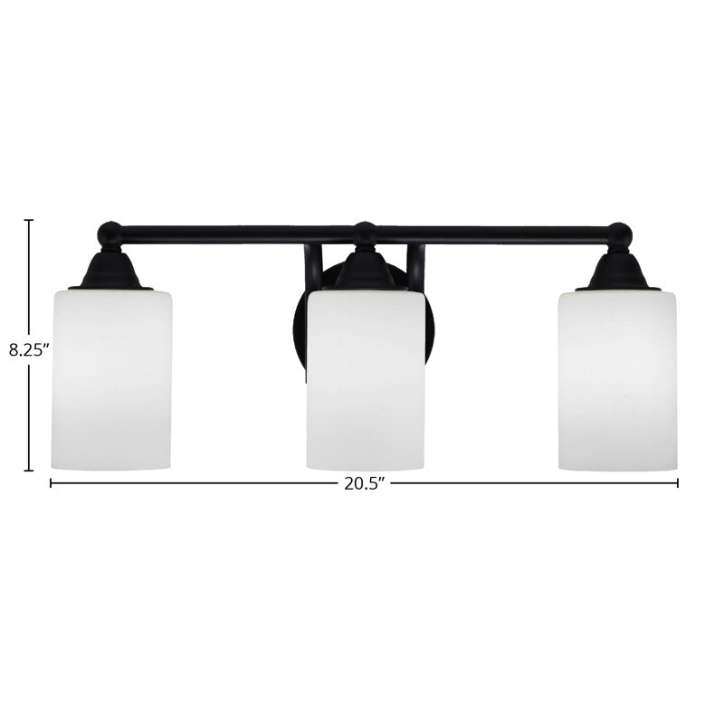 Barre d'éclairage de salle de bain 3 lumières Paramount avec fini noir mat et verre mousseline blanc 4 po