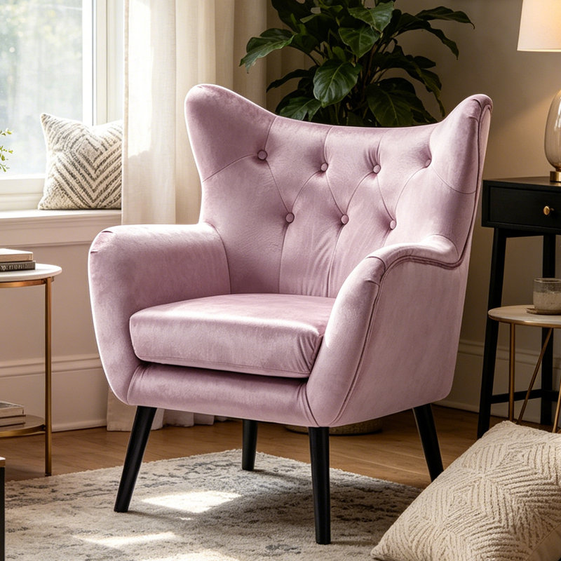 Fauteuil d'appoint 32,68 po à dossier capitonné en velours avec structure en bois massif