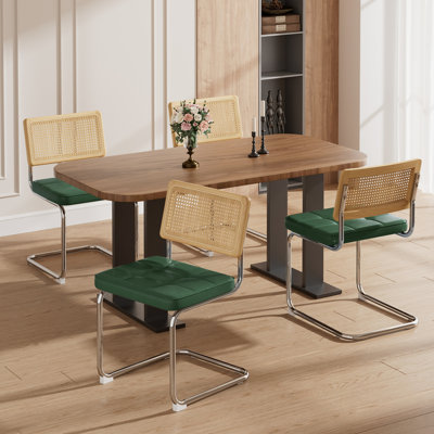 (Ensemble de 4) chaises de salle à manger en rotin naturel de l 19,6 po avec structure en C et chaises de cuisine à coussins en polyuréthane