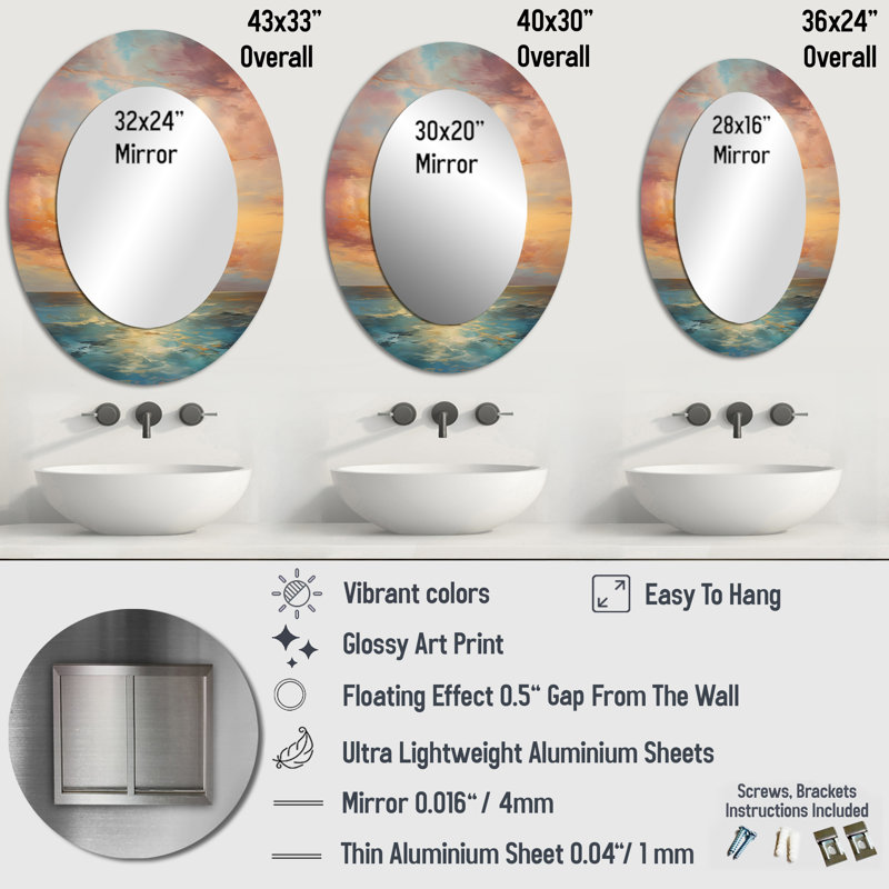 Ocean Sunset Celestial Symphony - Teal Modern Oval Wall Mirror, 36" x 24"