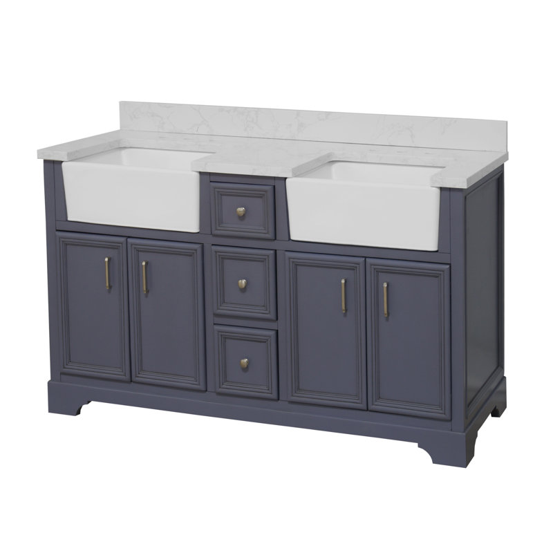 Ensemble de meuble-lavabo double 60 po Emiliano, Gris poudre, Carrare d'ingénierie