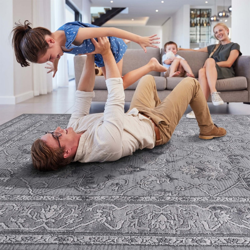 Tapis gris / oriental résistant aux taches, Rectangle 5 pi x 7 pi