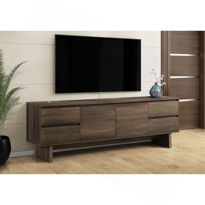 Meuble télé, console de 72 po, meuble multimédia, tiroirs de rangement, armoire de rangement, stratifié brun, transitionnel