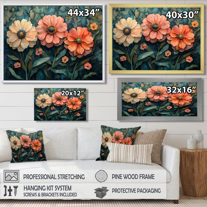 «Ilaina Zinnias Summer Petals In The Breeze III», art mural Zinnias, H 24 po x l 32 po, Argent argent