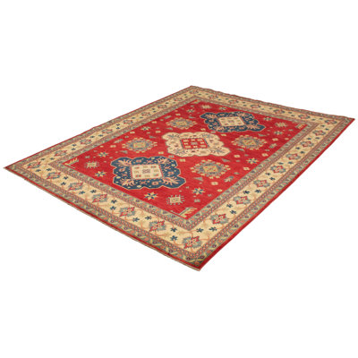 Tapis unique en laine noué à la main de style uzbek Gazni rouge / bleu / beige des années 2010 de 8 pi 11 po x 11 pi 4 po Rogersen
