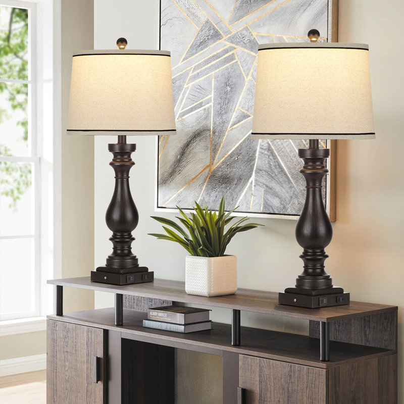 29" Tall Vintage Resin USB Table Lamp Set with Touch Control, Black