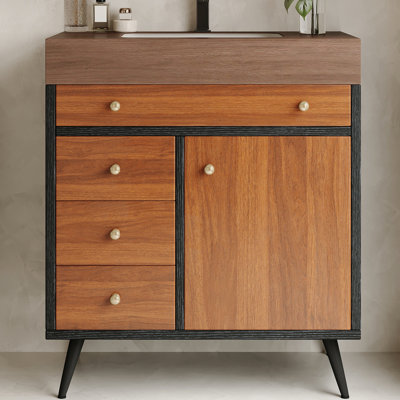 Meuble-lavabo 29,9 po avec lavabo en céramique, comptoir en pierre frittée, 1 porte à fermeture douce, 3 tiroirs, surface facile à nettoyer et peu d'entretien