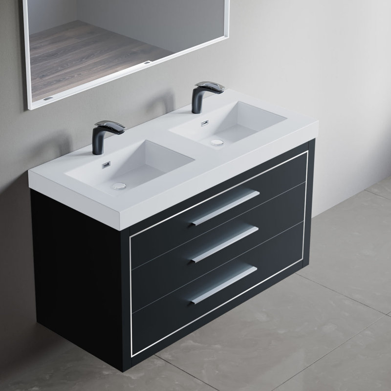 Meuble-lavabo mural double 49 po avec surface solide 49 po, Gris anthracite, Chrome
