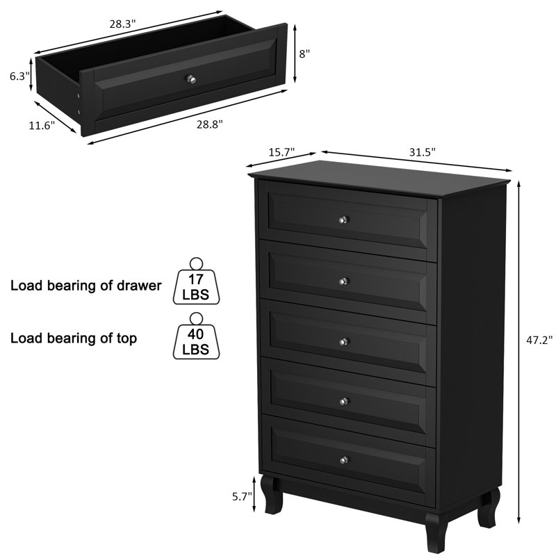 Commode 5 tiroirs avec finition noire, Noir