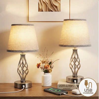 Ensemble de 2 lampes de chevet DEL tactiles à intensité variable (46 cm), double port de chargement USB A+C, abat-jour en lin, lampe de bureau compacte pour chambre, salon, bureau et rebord de fenêtre.