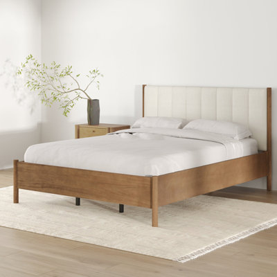 Queen Platform Wood Bed Frame with Boucle Headboard