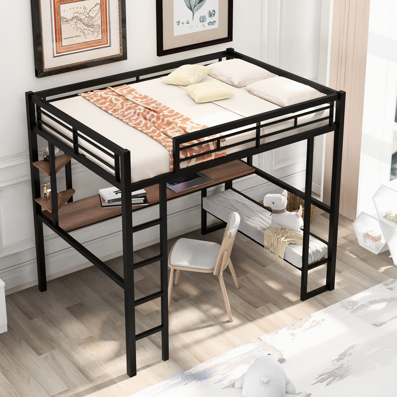 Lit mezzanine pleine grandeur en métal et lit noir - avec bureau et tablettes pour un bureau d'étude pratique